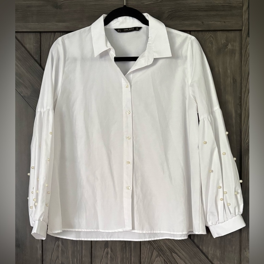Zara White collared blouse with voluminous sleeve pearl applique, NWOT, sz L